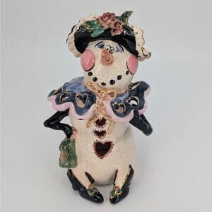 Heather Goldminc Snowman Lady Tea Light Candle Holder Retired Blue Sky Clayworks